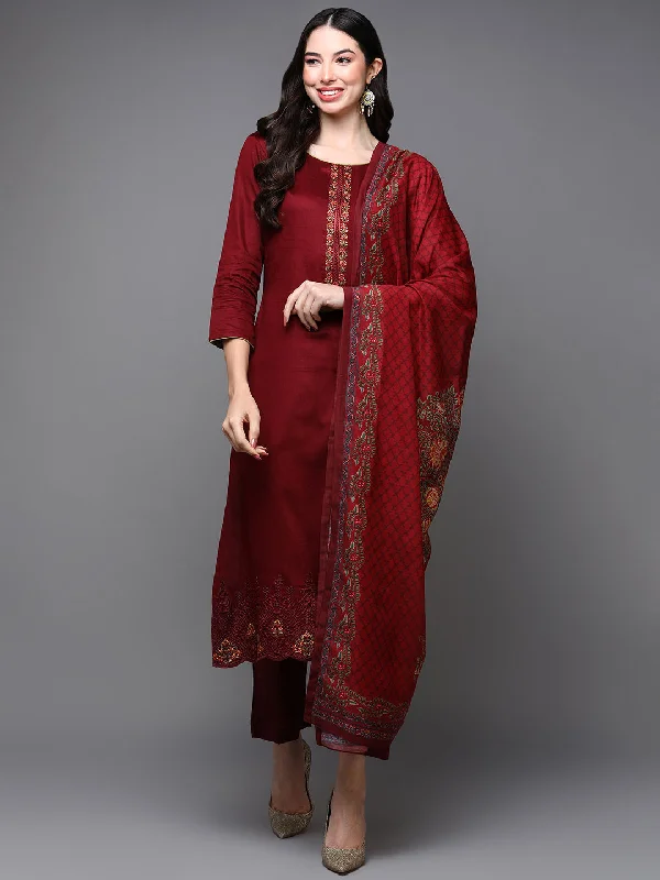 Women's Cotton Red Embroidered Straight Kurta Pant With Dupatta - Ahika Cozy Maternity Pants