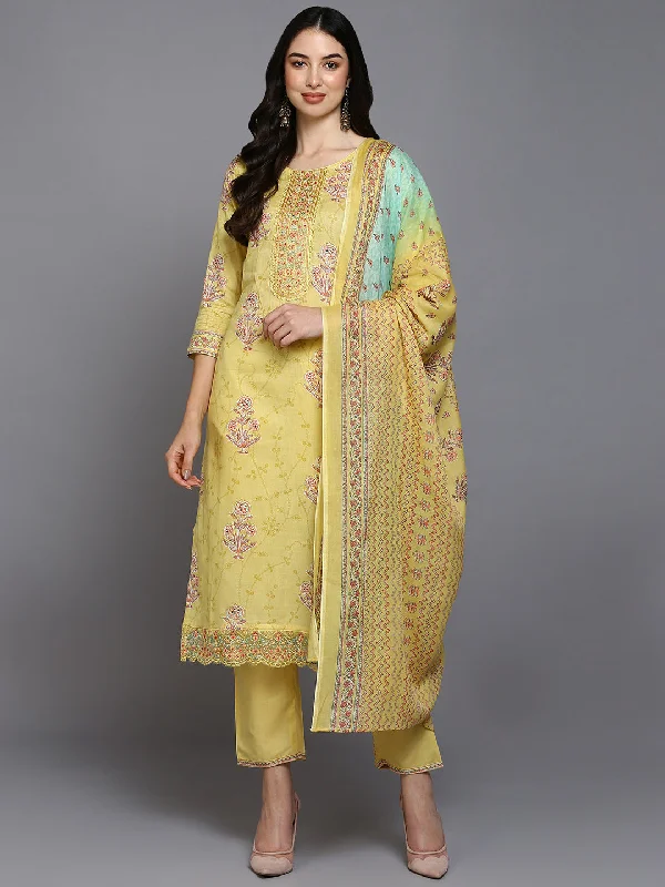 Women's Cotton Blend Yellow Printed Straight Kurta Pant With Dupatta - Ahika Sleek Black Pants