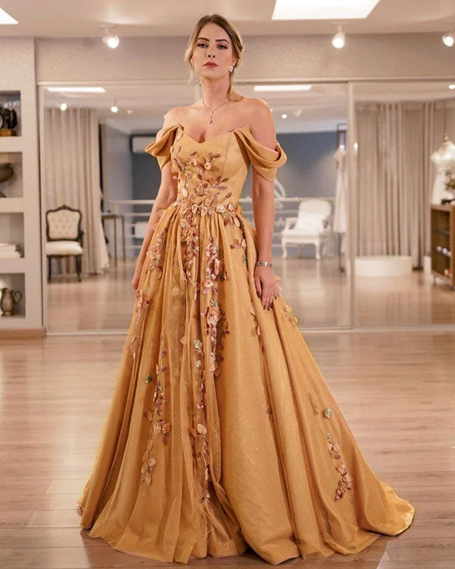 Tulle And Satin Off Shoulder Prom Dresses Flowers Embroidery Boatneck Modish Everyday