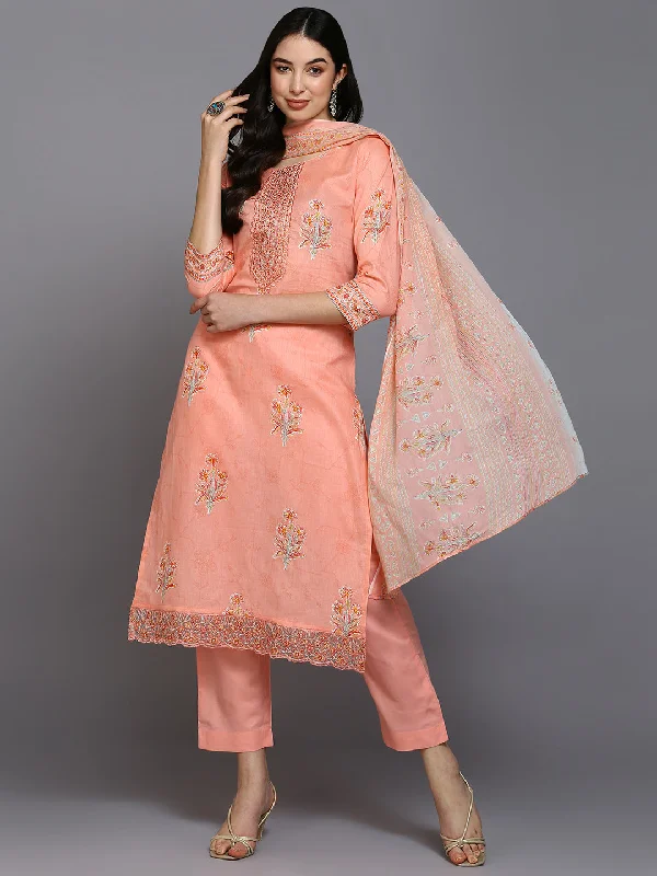 Women's Cotton Blend Peach Printed Straight Kurta Pant With Dupatta - Ahika Classic Chino Pants