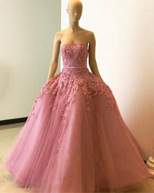 Stylish Lace Embroidery Strapless Tulle Ball Gown Prom Dress Tunics Floral girly