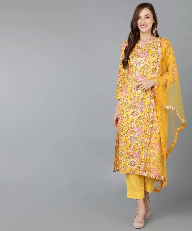 Women's Cotton Blend Yellow Printed Straight Kurta Pant With Dupatta - Ahika Warm Wool Trousers