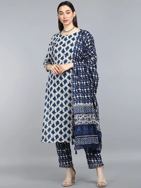 Women's Pure Cotton Printed Kurta Pant Dupatta Set - Ahika Cozy Full-Length Pants