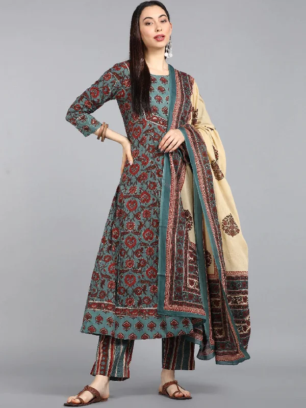 Women's Cotton Printed Kurta Pant Dupatta Set - Ahika Chic Faux Leather Pants