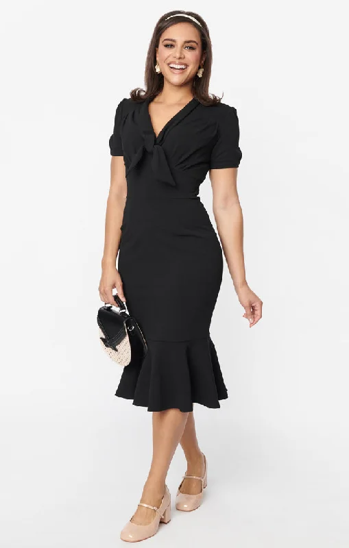 Tie-Neck Wiggle Dress in Black by Unique Vintage Tunics Party sparkling