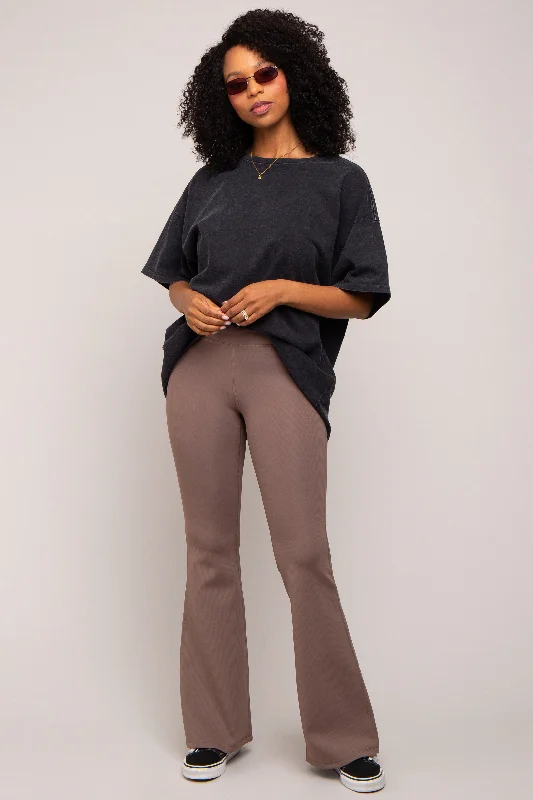 Taupe Ribbed High Waist Wide Leg Leggings Stylish Capri Leggings