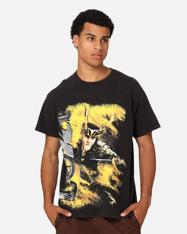 Marvel Loki Series Vintage T-Shirt Black Wash-- Notch Collar Peter Pan Collar Cowl Neck