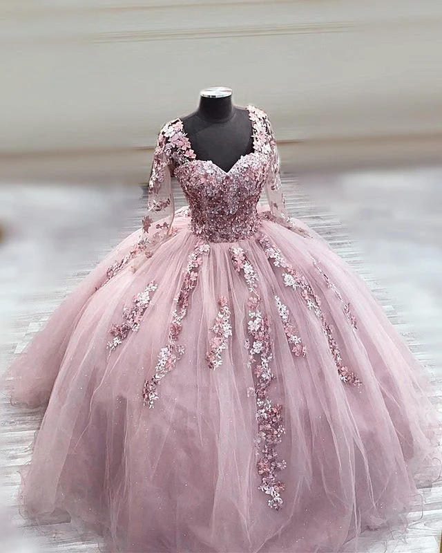 Elegant Long Sleeves Quinceanera Dresses Ball Gown With 3D Flowers Boatneck Modish Everyday