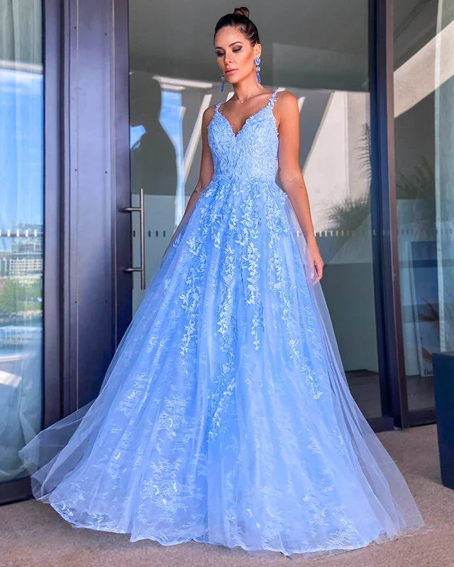 Light Blue Lace Prom Dresses Princess V Neck Tunics Running lightweight