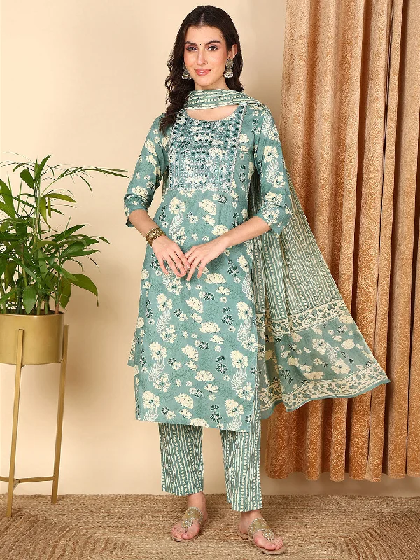 Women's Sea Green Pure Cotton Floral Printed Yoke Design Kurta Pant With Dupatta  - Ahika Comfortable Denim Leggings