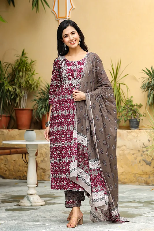 Women's Cotton Printed Kurta Pant Dupatta Set - Ahika Fashionable Work Pants