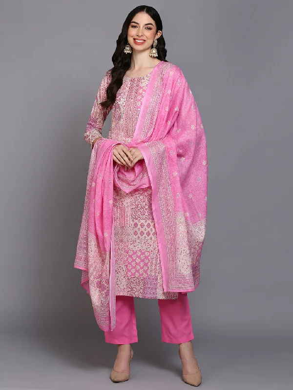 Women's Cotton Pink Printed Straight Kurta Pant With Dupatta - Ahika Chic Black Leggings