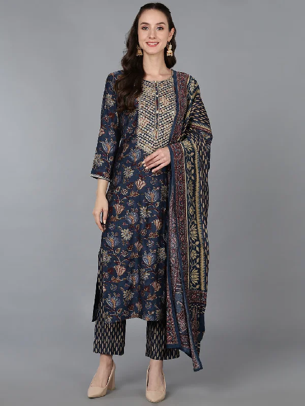 Women's Silk Blend Embroidered Floral Printed Kurta Pant With Dupatta - Ahika Elegant Wool Trousers