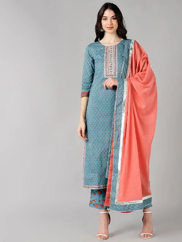 Women's Cotton Printed Kurta Pant Dupatta Set - Ahika Cozy Fitted Pants