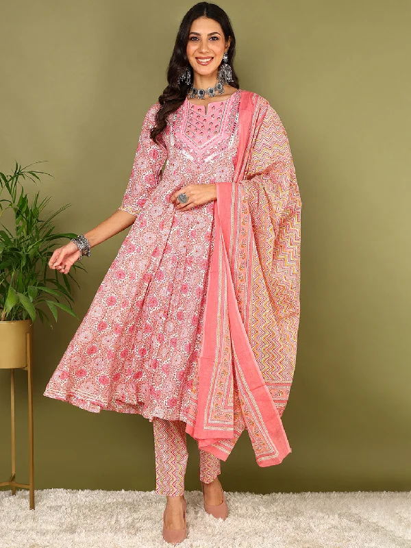 Women's Pink Pure Cotton Floral Printed Yoke Design Kurta Pant With Dupatta  - Ahika Cozy Fitted Pants
