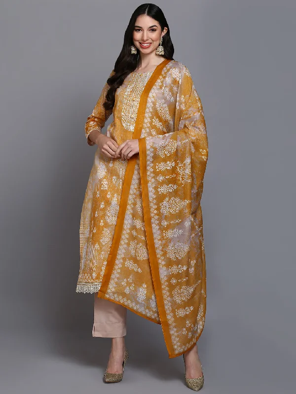 Women's Cotton Taupe Printed Straight Kurta Pant With Dupatta - Ahika Stylish Paperbag Waist Pants
