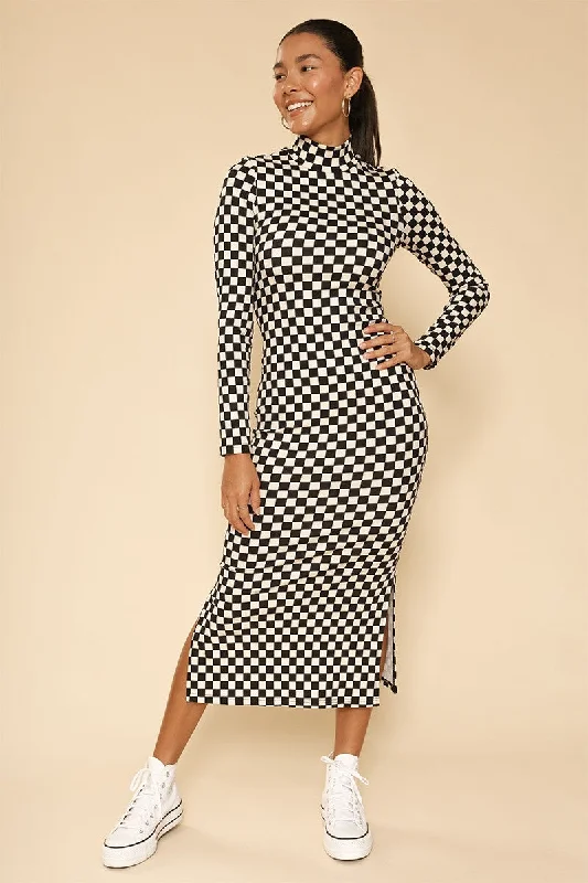 Checker Print Mock Neck Dress Tunics Versatile functional