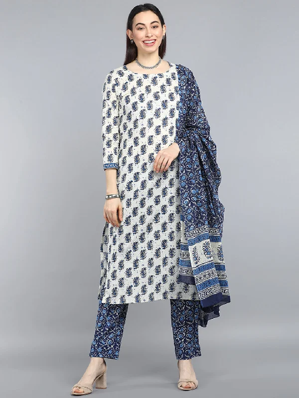 Women's Pure Cotton Printed Kurta Pant Dupatta Set - Ahika Stylish Casual Pants
