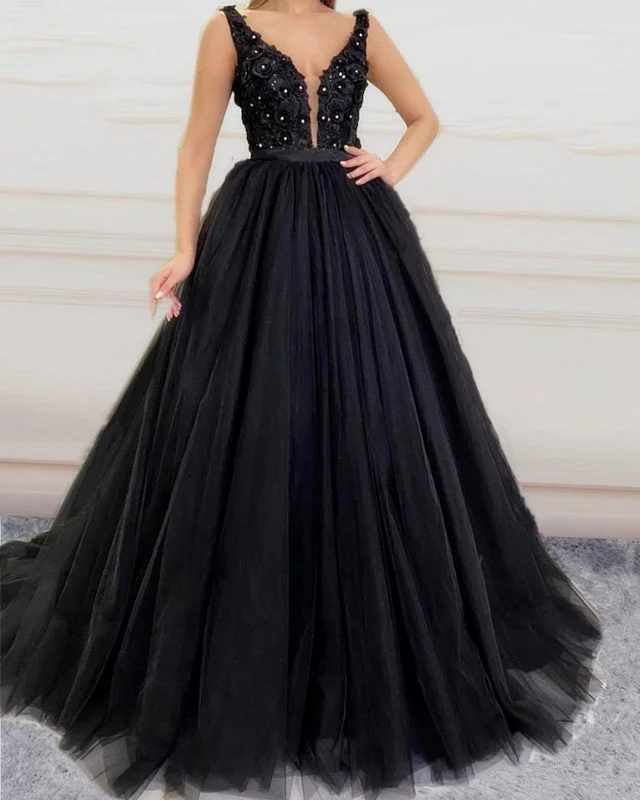 Tulle Prom Dresses Ball Gown Lace Flowers V Neck Tunics Sophisticated sleek