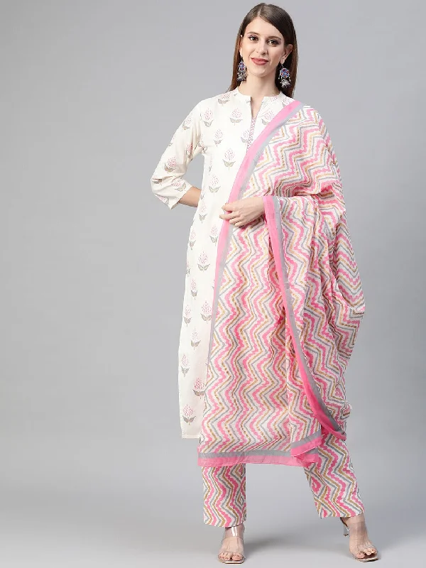 Women's Cotton Printed Kurta Pant Dupatta Set - Ahika Chic Capri Pants