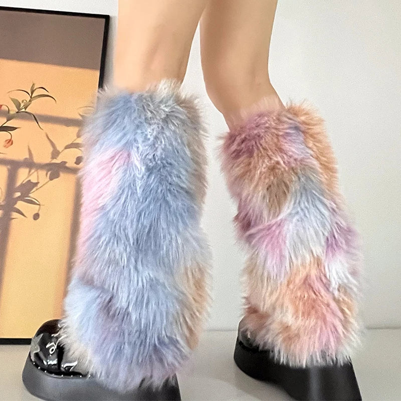 Sohiwoo Cute Rainbow Colorful Faux Fur Leg Warmers Fairy Leggings Plush Socks Gothic Boots Cover Harajuku Night Club Party Accessories Comfortable Workout Fitness Leggings
