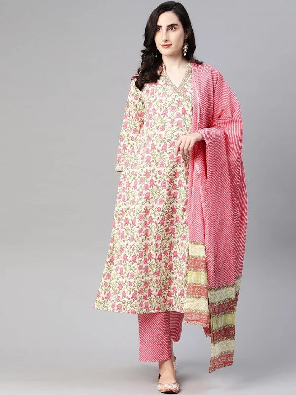 Women's Cotton White Floral Printed A-Line Kurta Pants And Dupatta Set - Ahika Warm Wool Trousers