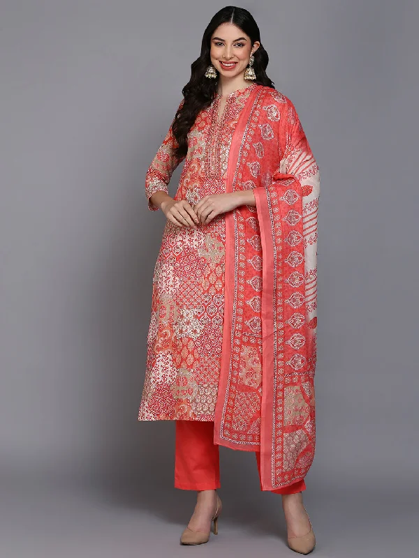 Women's Cotton Coral Peach Printed Straight Kurta Pant With Dupatta - Ahika Elegant Wool Trousers