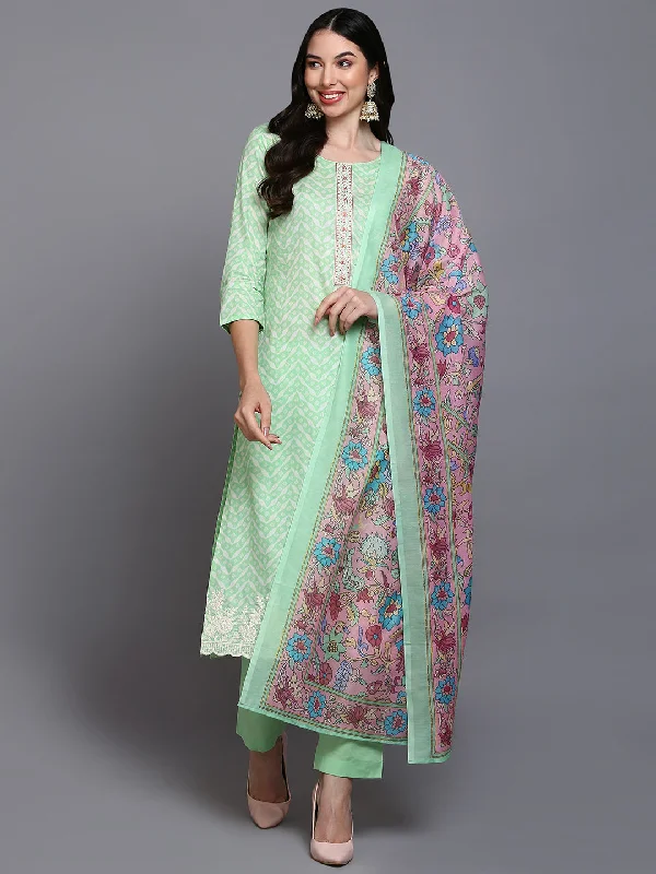 Women's Cotton Green Printed Straight Kurta Pant With Dupatta - Ahika Trendy Wide-Leg Pants