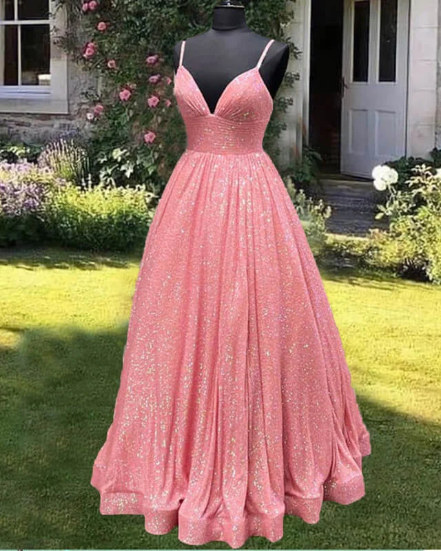 Sequins Prom Dresses Ball Gown Plunge Neck Spaghetti Straps Crew Neckline Casual
