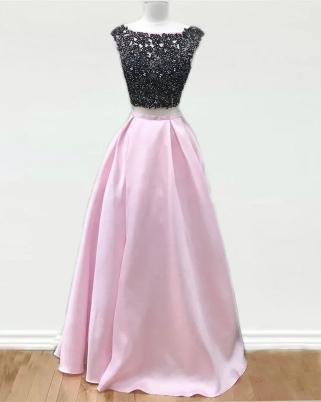 Black Lace Beaded Two Piece Satin Prom Dresses Tunics Short Trendy
