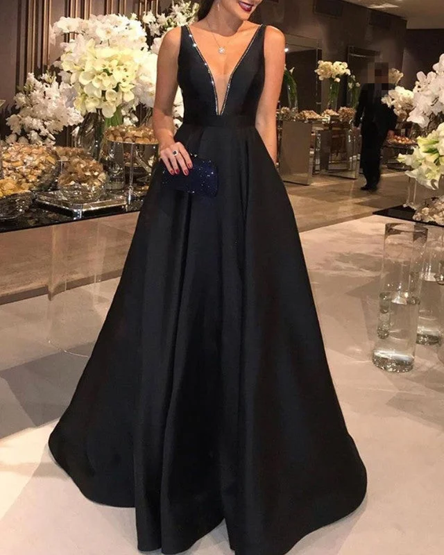 Plunge Neck Satin Prom Dresses With Pockets Tunics Corduroy durable
