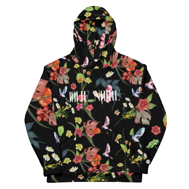 Noire Floral Hoodie- Black Hoodie with Hem Ribbing Snug Secure