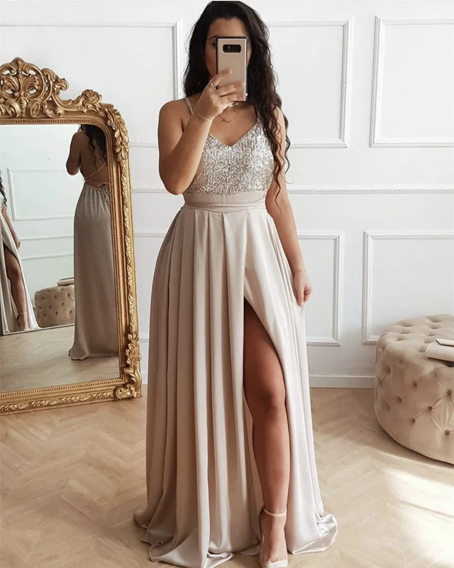 Sequins V Neck Split Prom Dresses Long Tunics Lace romantic