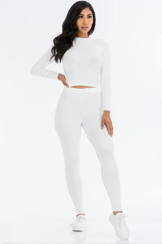 Mock Neck Long Sleeve Top and Leggings Ensemble in Ribbed Fabric Trendy Sporty Compression Leggings
