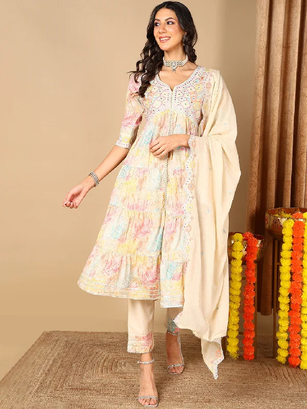 Women's Beige Pure Cotton Ethnic Motifs Printed Kurta Pant With Dupatta  - Ahika Classic Straight Pants