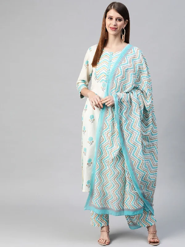 Women's Cotton Printed Kurta Pant Dupatta Set - Ahika Formal Dress Pants