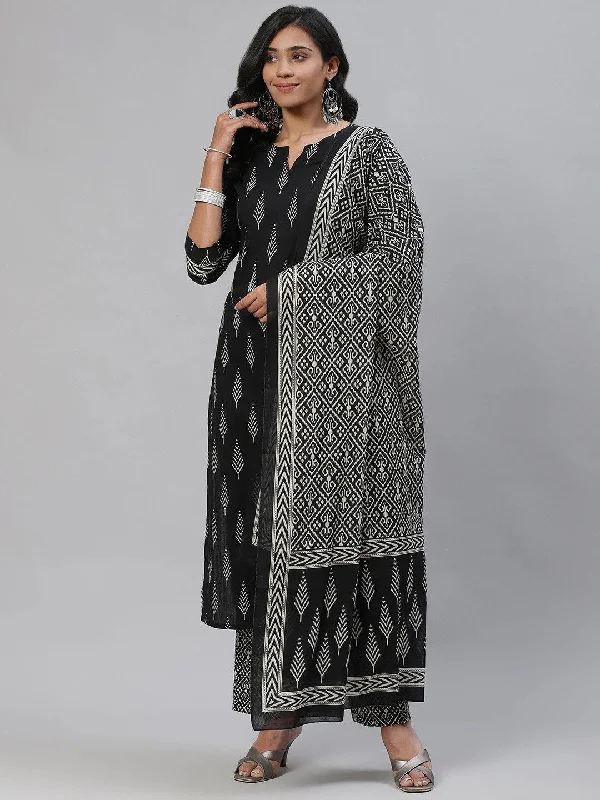 Women's Cotton Printed Kurta Pant Dupatta Set - Ahika Classic Cropped Pants