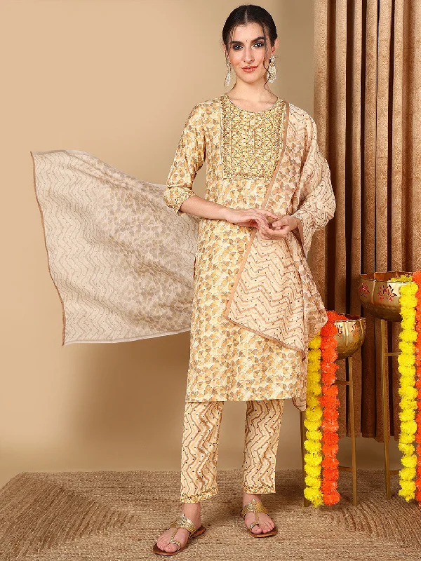 Women's Beige Pure Cotton Geometric Printed Kurta Pant With Dupatta  - Ahika Elegant Silk Pants