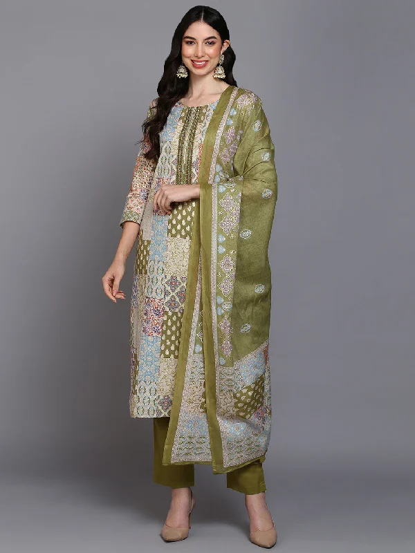 Women's Cotton Green Printed Straight Kurta Pant With Dupatta - Ahika Modern Skinny Pants