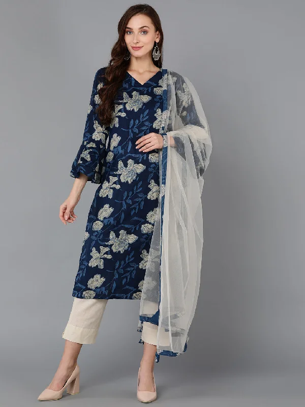 Women's Cotton Blend Floral Printed Kurta Pants With Dupatta - Ahika Wide-Legged Palazzos