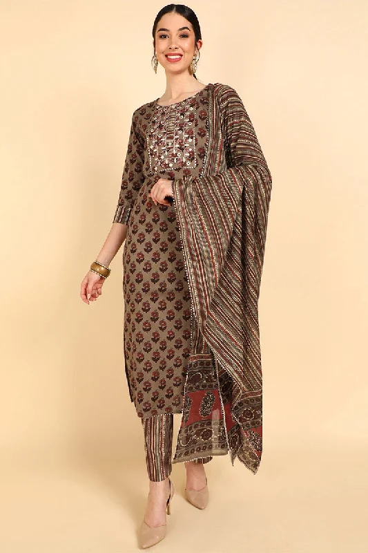 Women's Cotton Floral Printed Kurta Pants With Dupatta Set  - Ahika Classic Cropped Pants