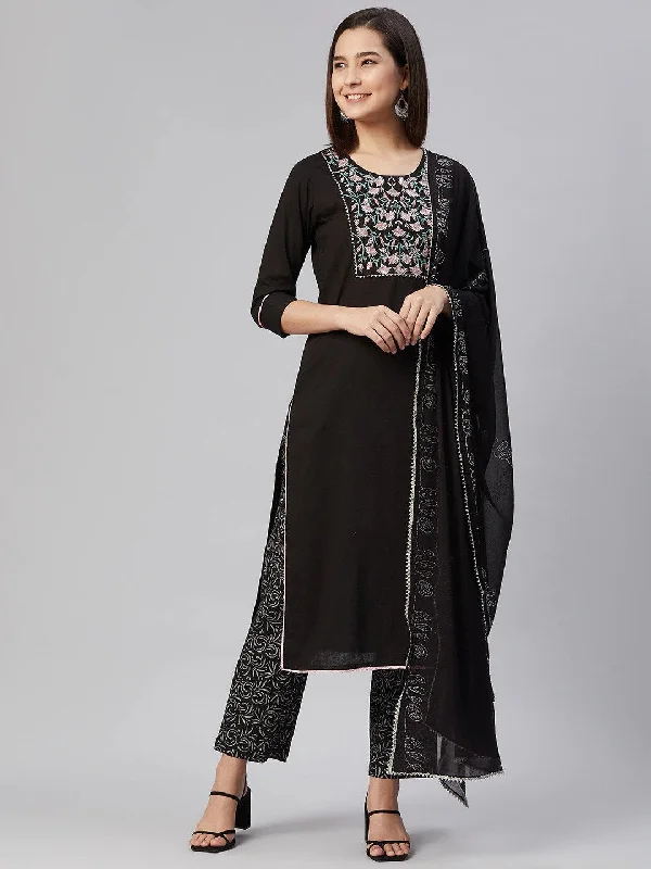 Women's Cotton Solid Embroidered Kurta Pant Dupatta Set - Ahika Casual Wide Pants