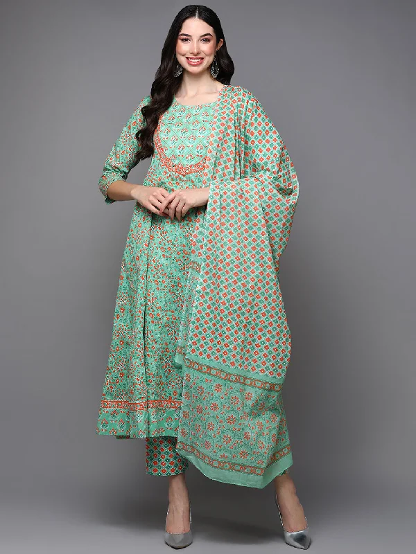 Women's Cotton Green Ethnic Motif Printed Flared Kurta Pant With Dupatta - Ahika Comfy Zip-Up Pants