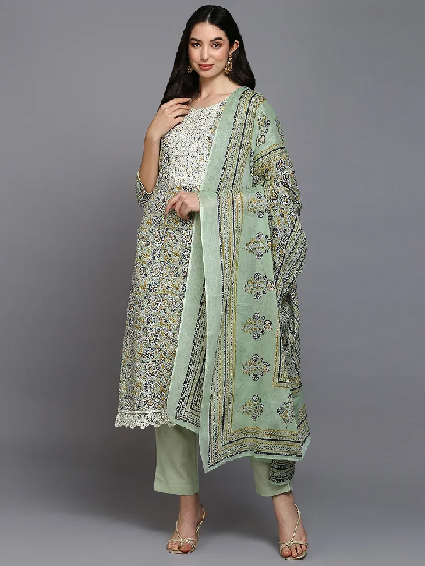 Women's Cotton Blend Sea Green Printed Straight Kurta Pant With Dupatta - Ahika Trendy Palazzo Pants