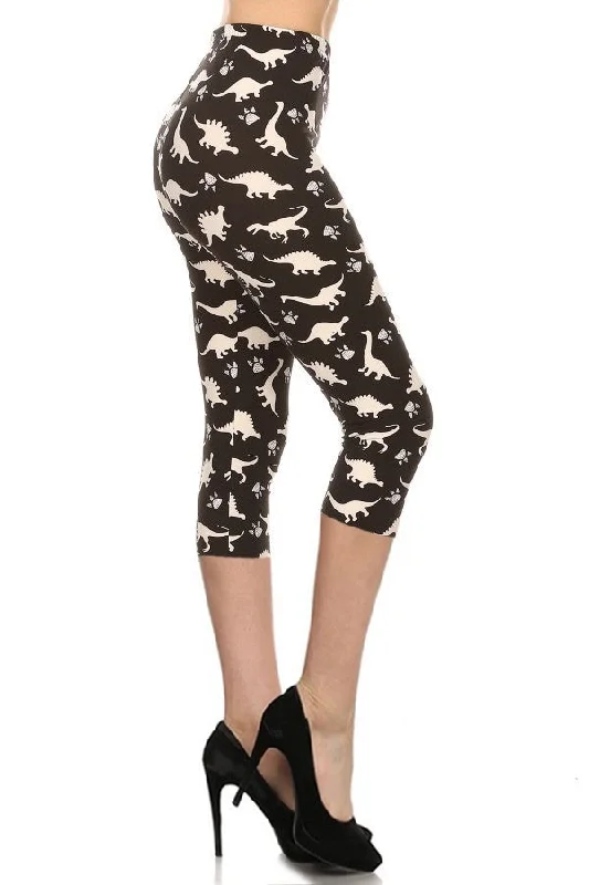 Dinosaur Printed High Waisted Capri Leggings With An Elastic Waist Comfortable Ribbed Sports Leggings
