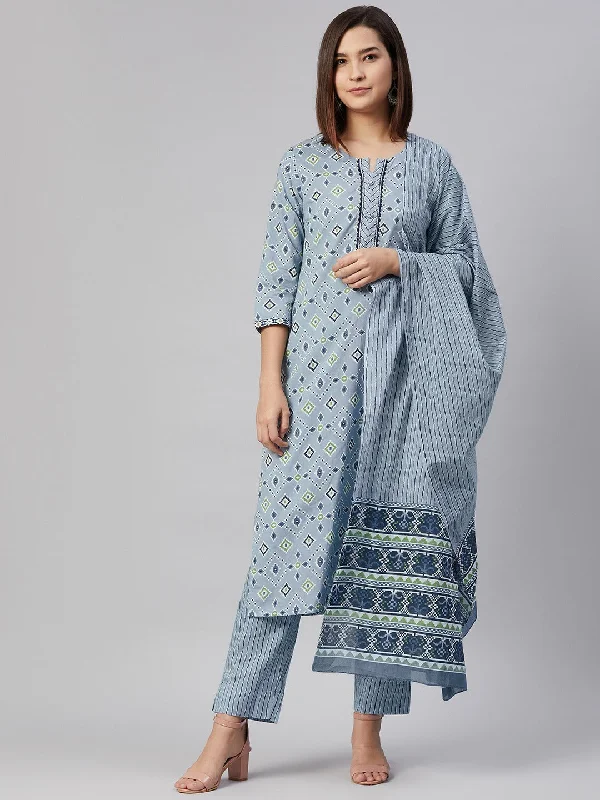 Women's Cotton Printed Kurta Pant Dupatta Set - Ahika Classic Straight Pants