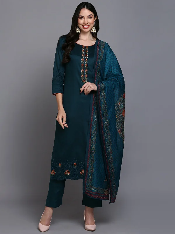 Women's Cotton Green Embroidered Straight Kurta Pant With Dupatta - Ahika Chic Wool Trousers