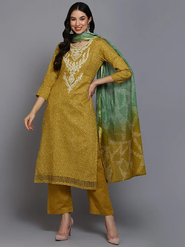 Women's Cotton Yellow Bandhani Printed Straight Kurta Pant With Dupatta - Ahika Classic Flared Pants