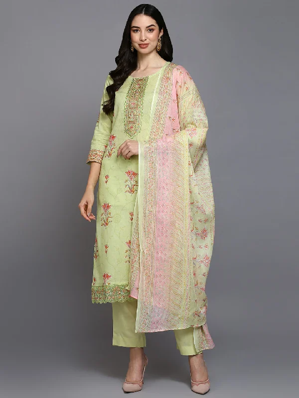 Women's Cotton Blend Sea Green Printed Straight Kurta Pant With Dupatta - Ahika Trendy Printed Pants