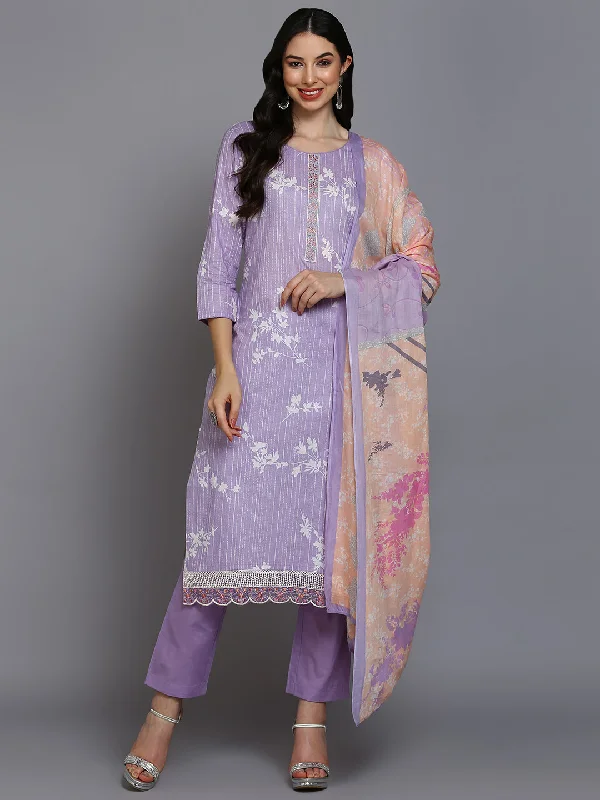 Women's Cotton Blend Lavender Printed Straight Kurta Pant With Dupatta - Ahika Comfortable Wide-Leg Pants